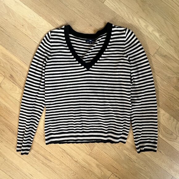 Gap Womens V-Neck Sweater Black White Stripes Sz L - Picture 1 of 4
